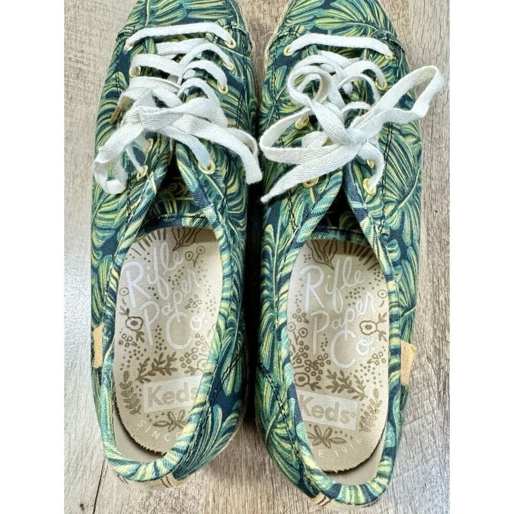 Keds Rifle Paper Shoes Womens 9.5 Espadrille Sneakers Green Tan Leaves WF58366M